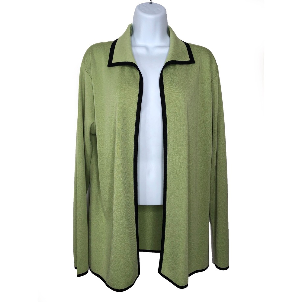 Misook Cardigan Small Green Black Trim Open Front Collared Acrylic Knit Sweater